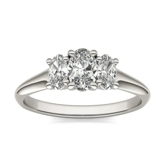 1 Carat Oval Diamond Three Stone Engagement Ring 14K White Gold