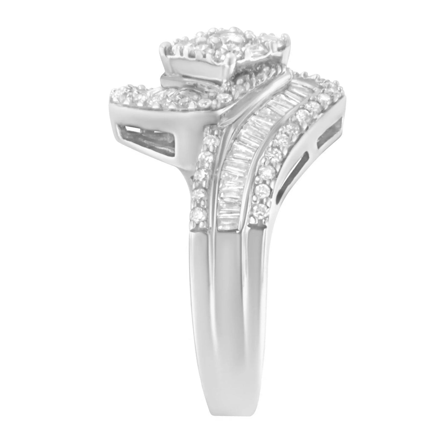 1 Carat Baguette & Brilliant-Cut Diamond Round Floral Cluster Ring with Swirl Wrapped Triple Row Band in 14K White Gold