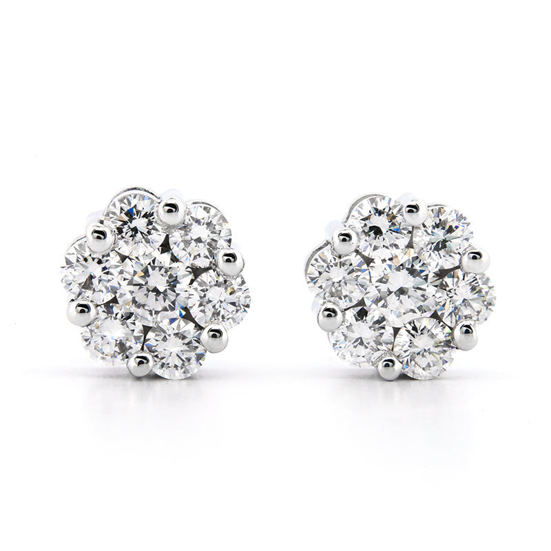 2 Carat Diamond Floral Cluster Stud Earrings in 14kt White Gold