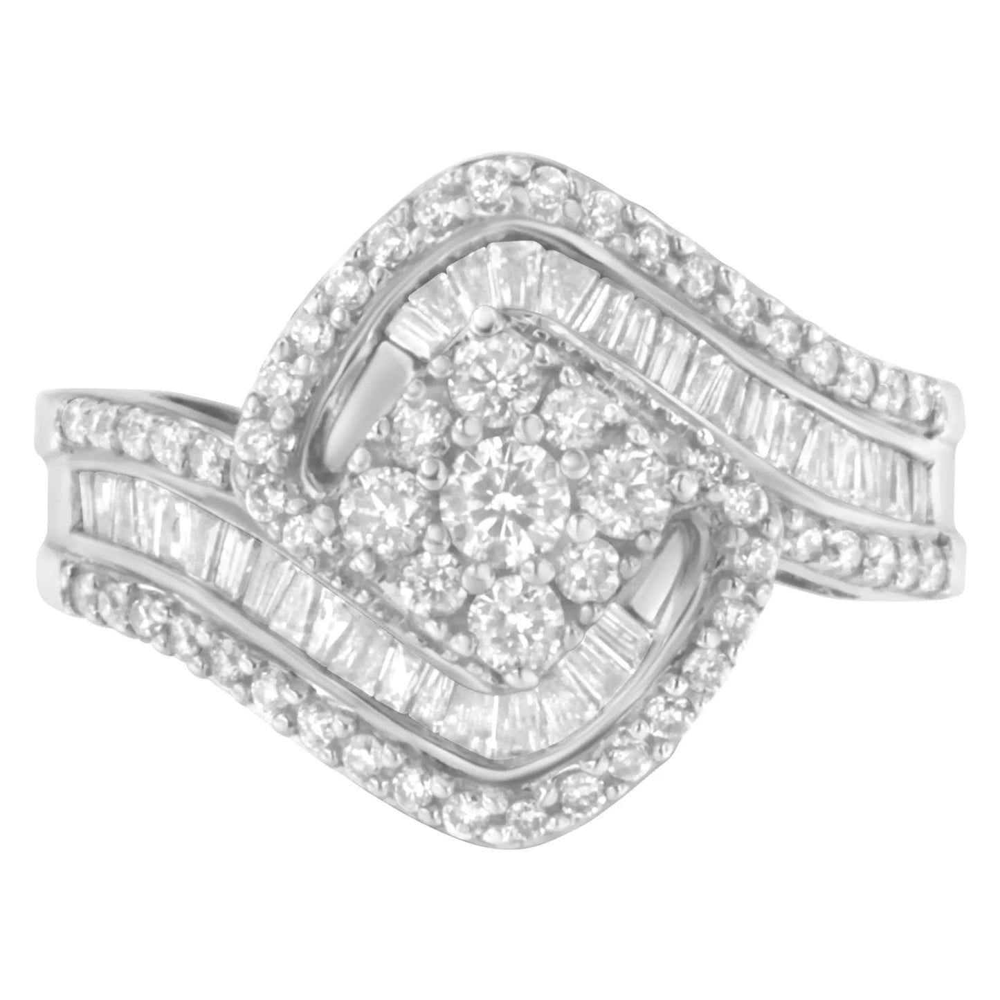 1 Carat Baguette & Brilliant-Cut Diamond Round Floral Cluster Ring with Swirl Wrapped Triple Row Band in 14K White Gold