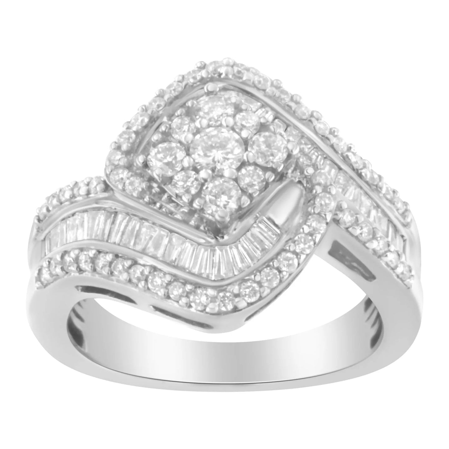 1 Carat Baguette & Brilliant-Cut Diamond Round Floral Cluster Ring with Swirl Wrapped Triple Row Band in 14K White Gold