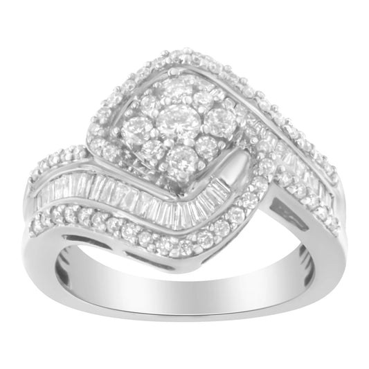 1 Carat Baguette & Brilliant-Cut Diamond Round Floral Cluster Ring with Swirl Wrapped Triple Row Band in 14K White Gold