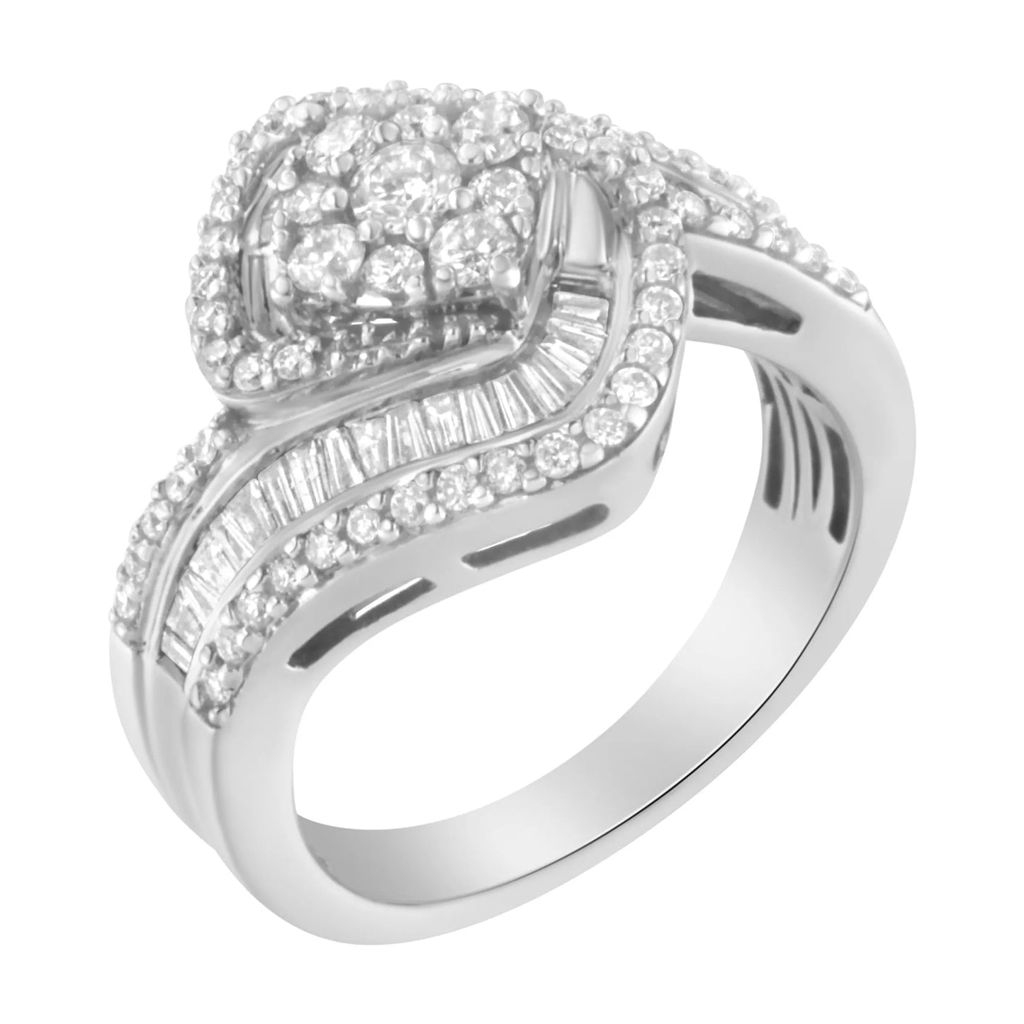 1 Carat Baguette & Brilliant-Cut Diamond Round Floral Cluster Ring with Swirl Wrapped Triple Row Band in 14K White Gold