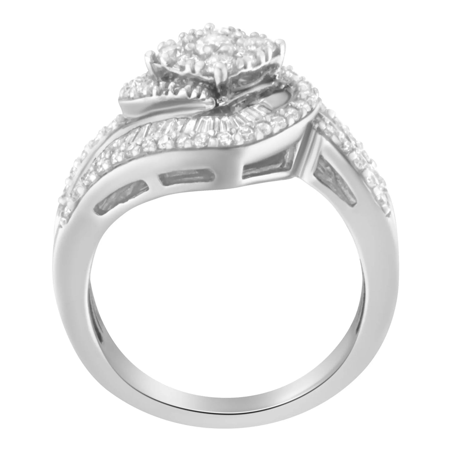 1 Carat Baguette & Brilliant-Cut Diamond Round Floral Cluster Ring with Swirl Wrapped Triple Row Band in 14K White Gold