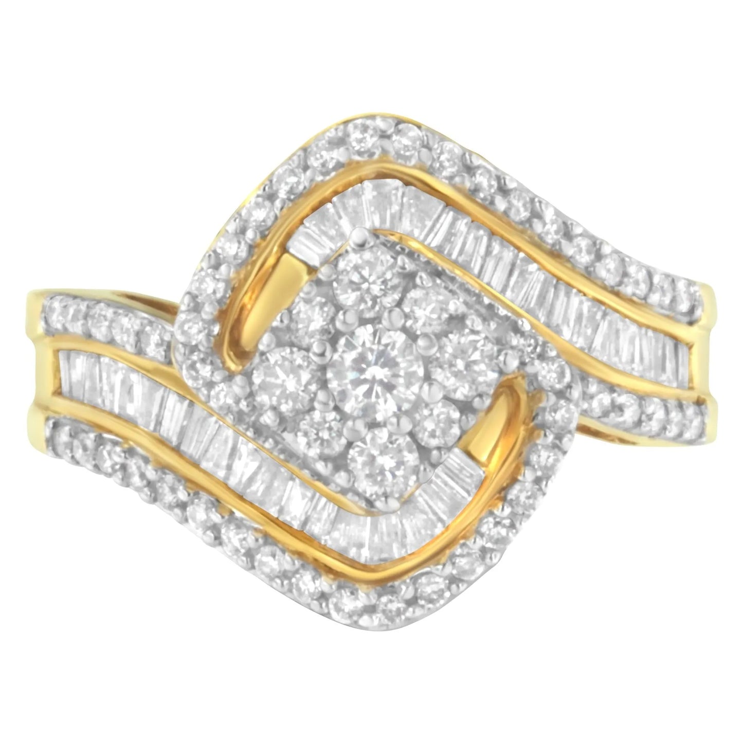 1 Carat Baguette & Brilliant-Cut Diamond Round Floral Cluster Ring with Swirl Wrapped Triple Row Band in 14K Yellow Gold