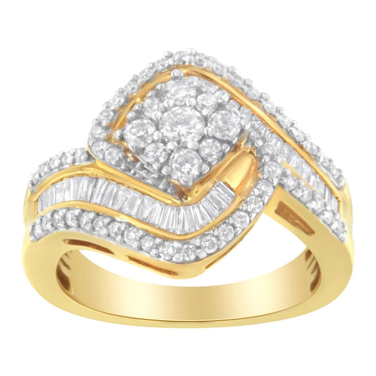 1 Carat Baguette & Brilliant-Cut Diamond Round Floral Cluster Ring with Swirl Wrapped Triple Row Band in 14K Yellow Gold