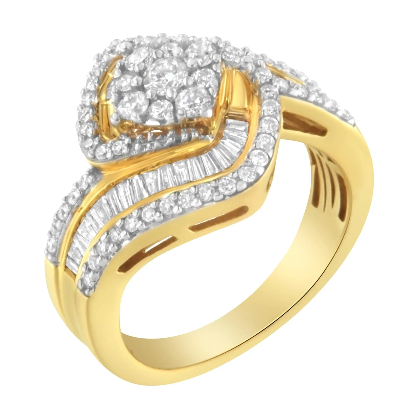 1 Carat Baguette & Brilliant-Cut Diamond Round Floral Cluster Ring with Swirl Wrapped Triple Row Band in 14K Yellow Gold