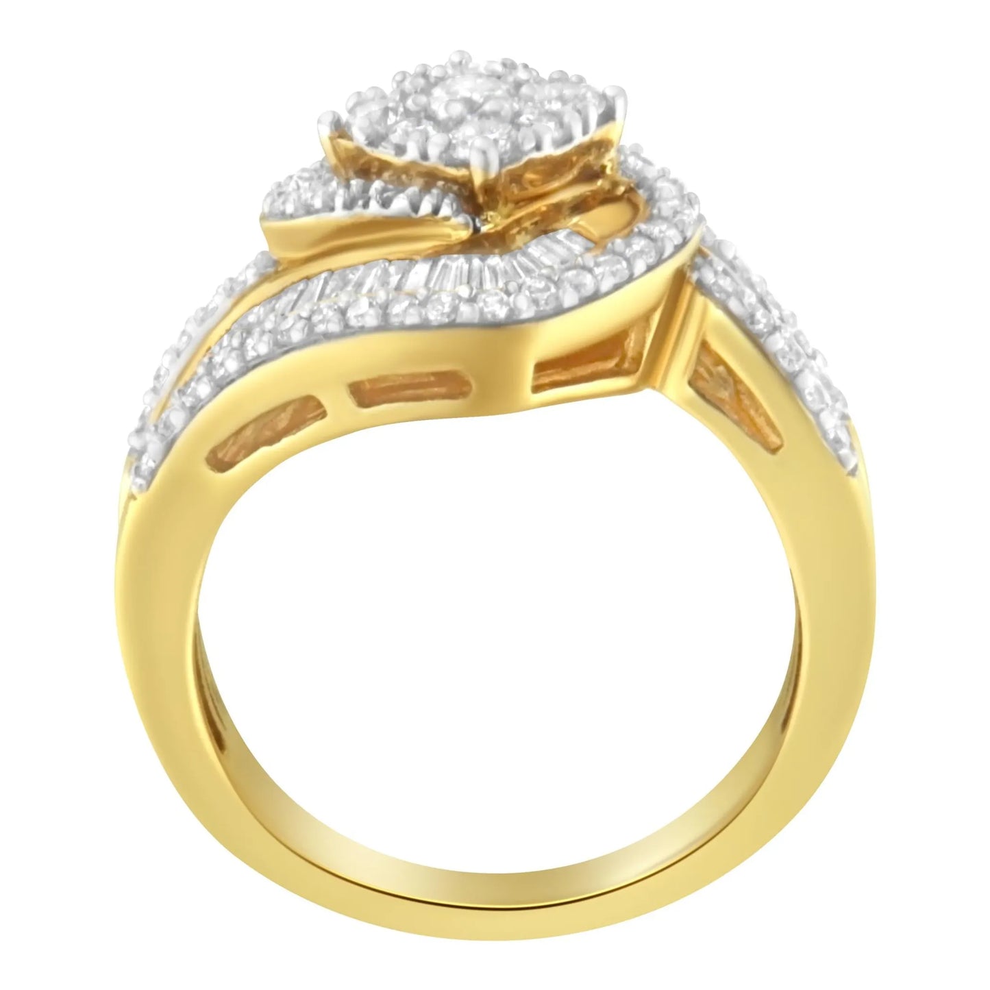 1 Carat Baguette & Brilliant-Cut Diamond Round Floral Cluster Ring with Swirl Wrapped Triple Row Band in 14K Yellow Gold