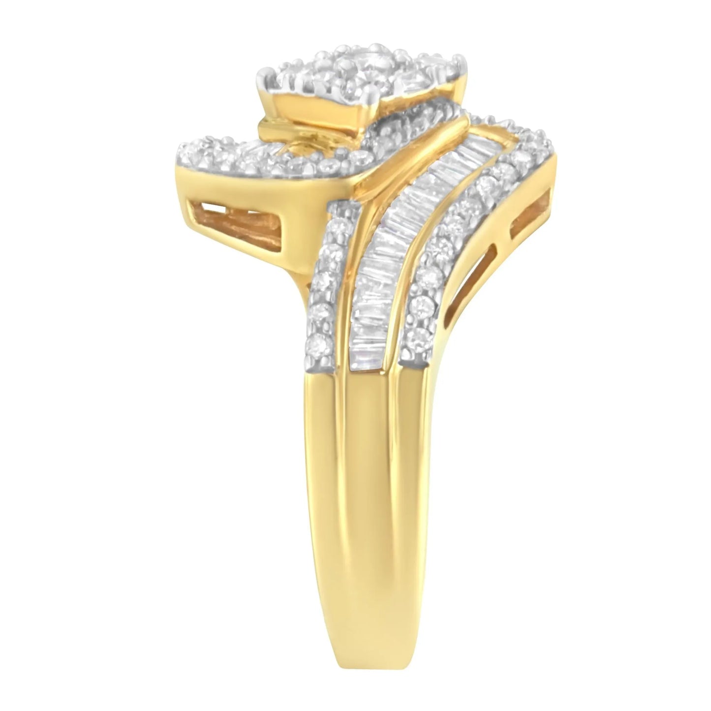 1 Carat Baguette & Brilliant-Cut Diamond Round Floral Cluster Ring with Swirl Wrapped Triple Row Band in 14K Yellow Gold