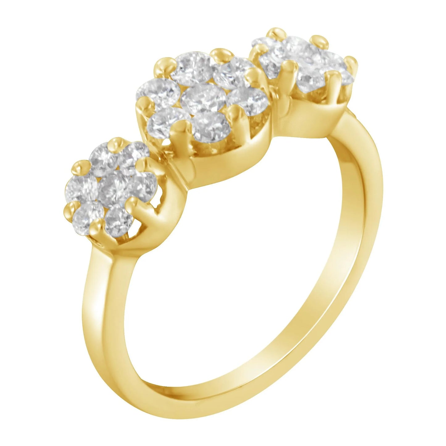 1 1/4 Carat Brilliant-Cut Diamond Three Round Floral Clusters Ring in 14K Yellow Gold