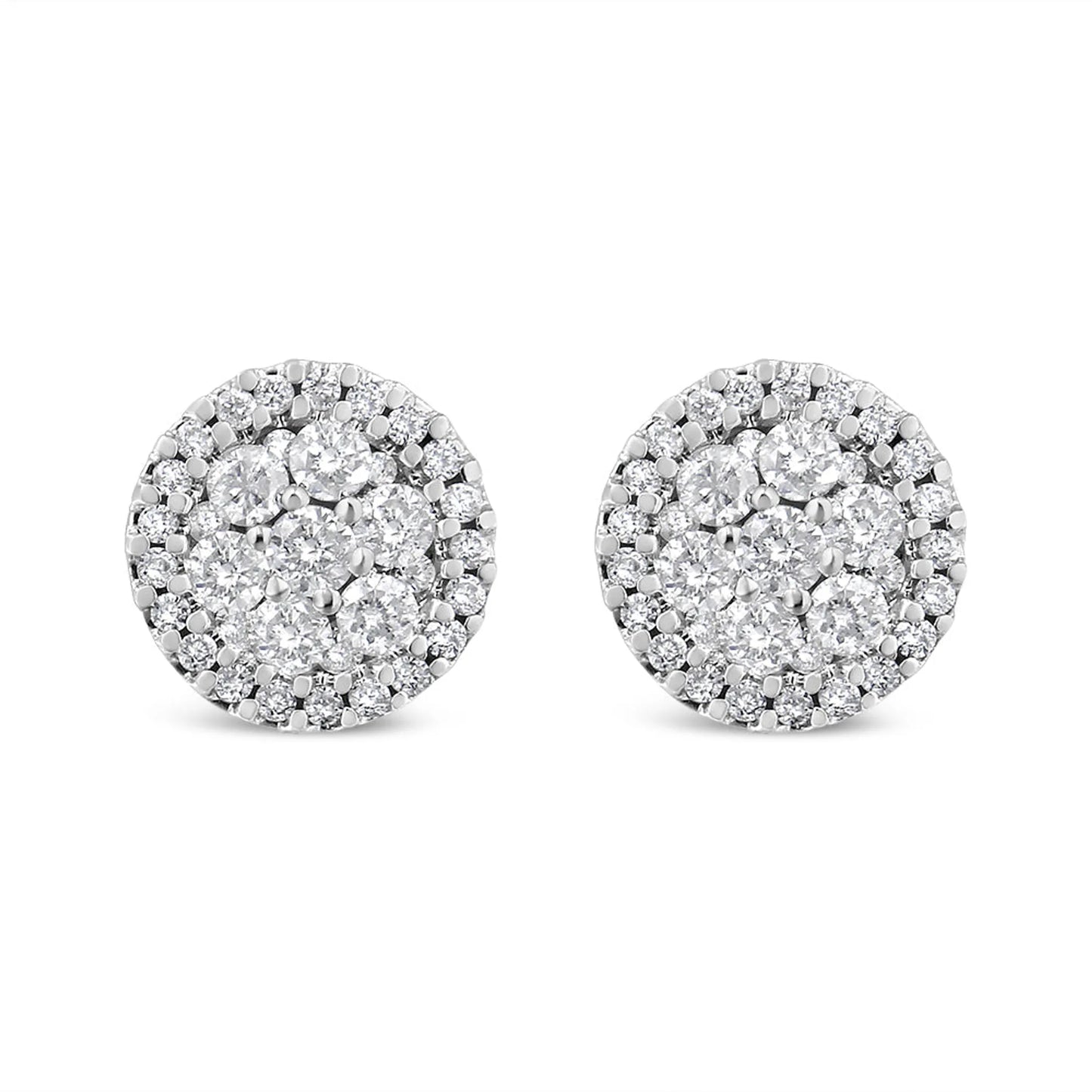 1 Carat Brilliant-Cut Diamond Halo-Style Cluster Round Button Stud Earrings in 14K White Gold