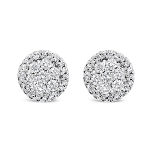 1 Carat Brilliant-Cut Diamond Halo-Style Cluster Round Button Stud Earrings in 14K White Gold