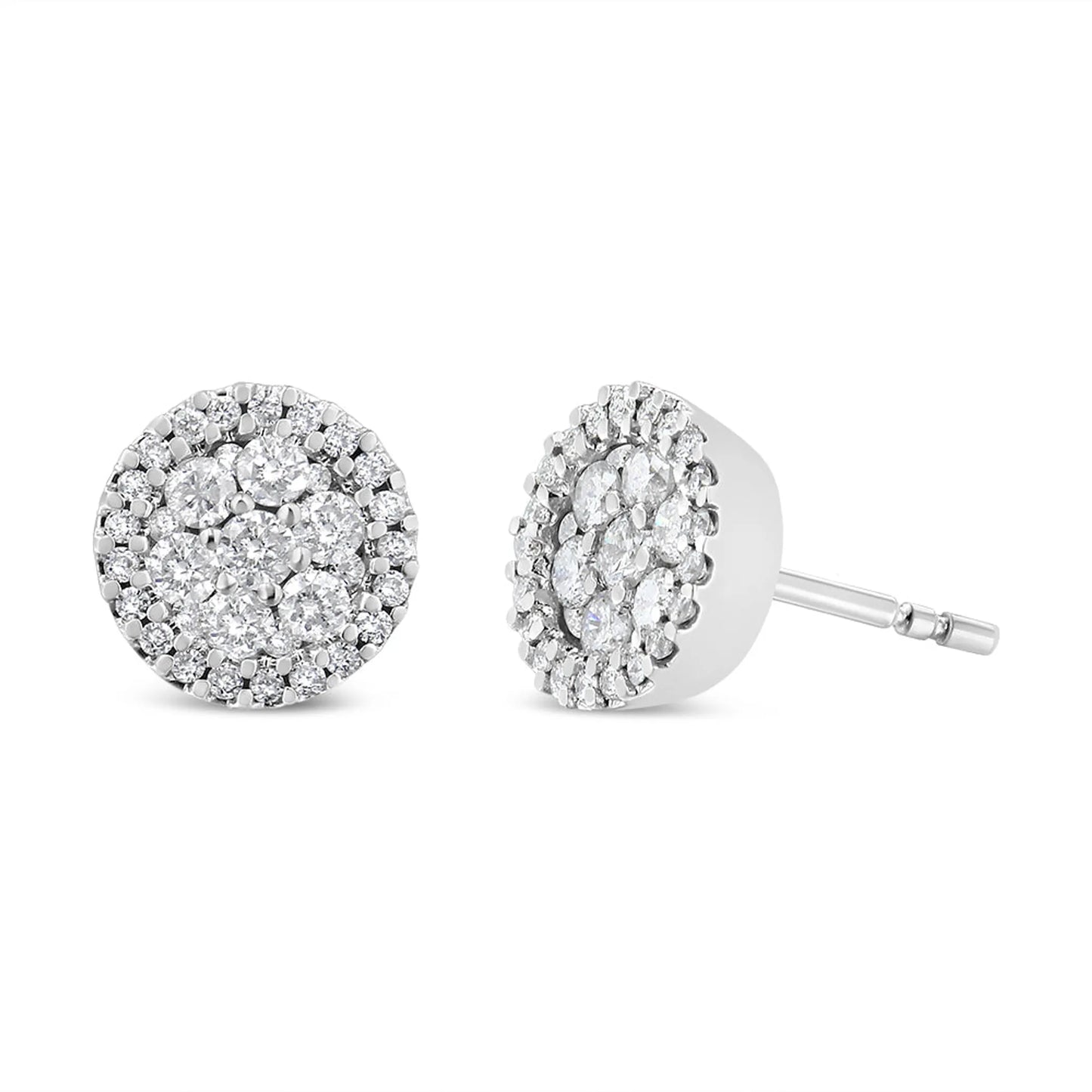 1 Carat Brilliant-Cut Diamond Halo-Style Cluster Round Button Stud Earrings in 14K White Gold