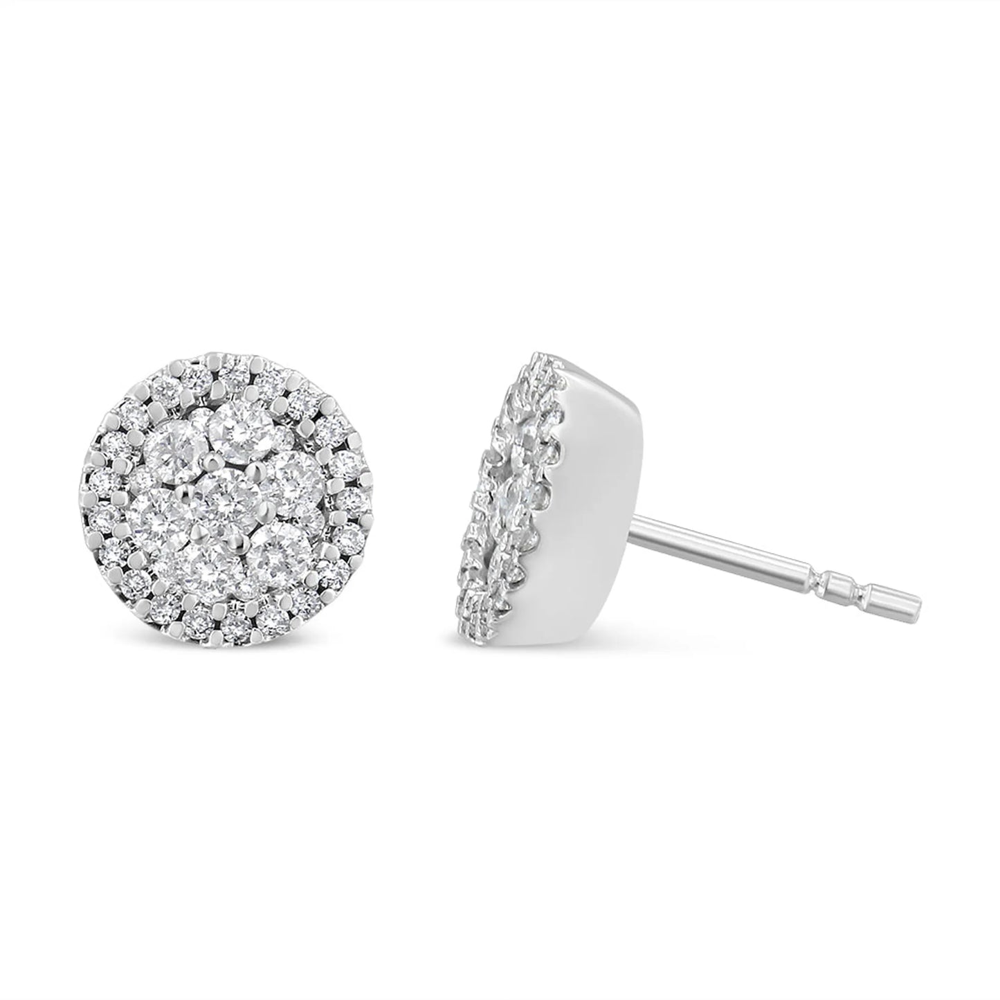 1 Carat Brilliant-Cut Diamond Halo-Style Cluster Round Button Stud Earrings in 14K White Gold