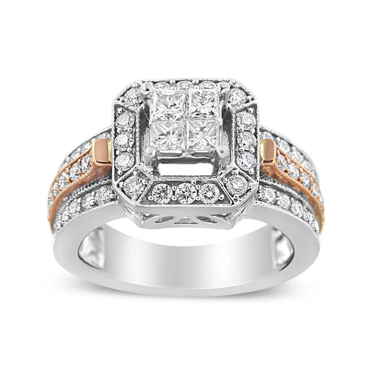 1 1/8 Carat Princess and Round-Cut Diamond Art Deco Style Triple Shank Halo Cocktail Ring in 14K White and Rose Gold (I-J Color, SI2-I1 Clarity)