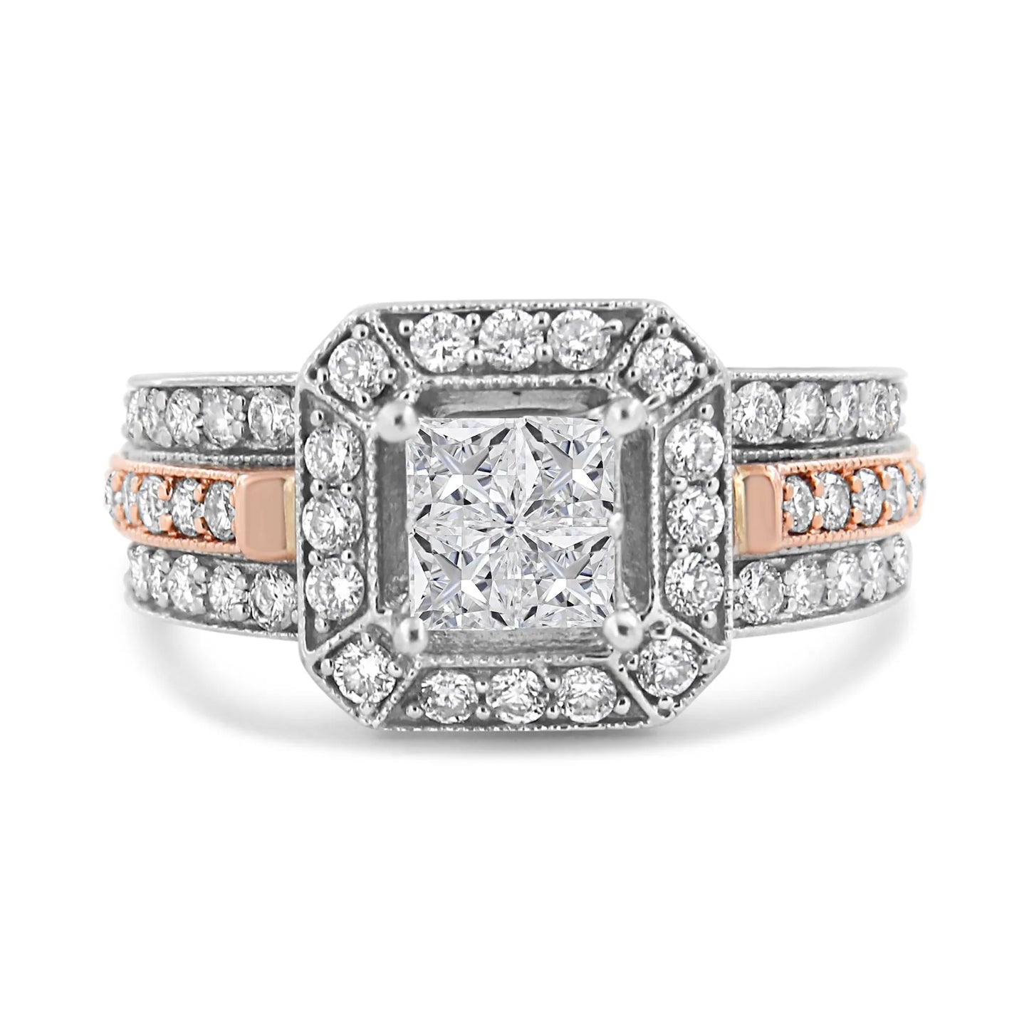 1 1/8 Carat Princess and Round-Cut Diamond Art Deco Style Triple Shank Halo Cocktail Ring in 14K White and Rose Gold (I-J Color, SI2-I1 Clarity)
