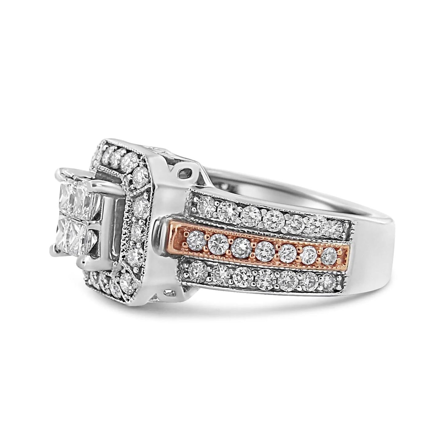 1 1/8 Carat Princess and Round-Cut Diamond Art Deco Style Triple Shank Halo Cocktail Ring in 14K White and Rose Gold (I-J Color, SI2-I1 Clarity)