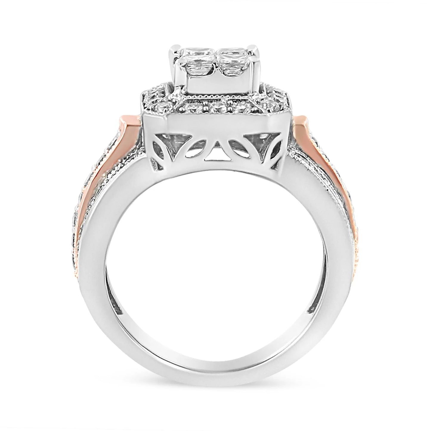 1 1/8 Carat Princess and Round-Cut Diamond Art Deco Style Triple Shank Halo Cocktail Ring in 14K White and Rose Gold (I-J Color, SI2-I1 Clarity)