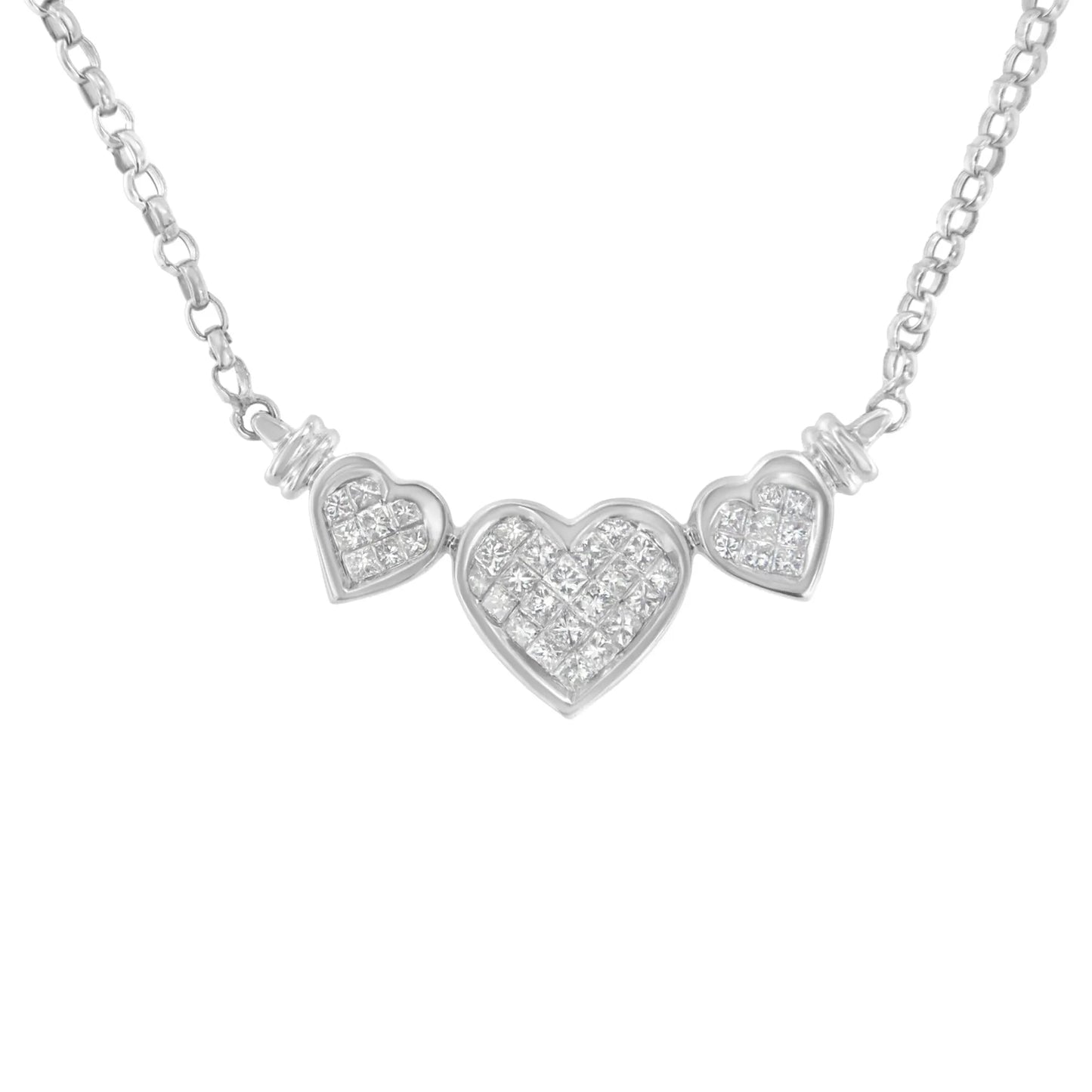 1 Carat Princess Cut Diamond Three-Heart Statement Pendant Necklace in 14K White Gold