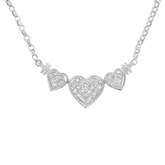 1 Carat Princess Cut Diamond Three-Heart Statement Pendant Necklace in 14K White Gold