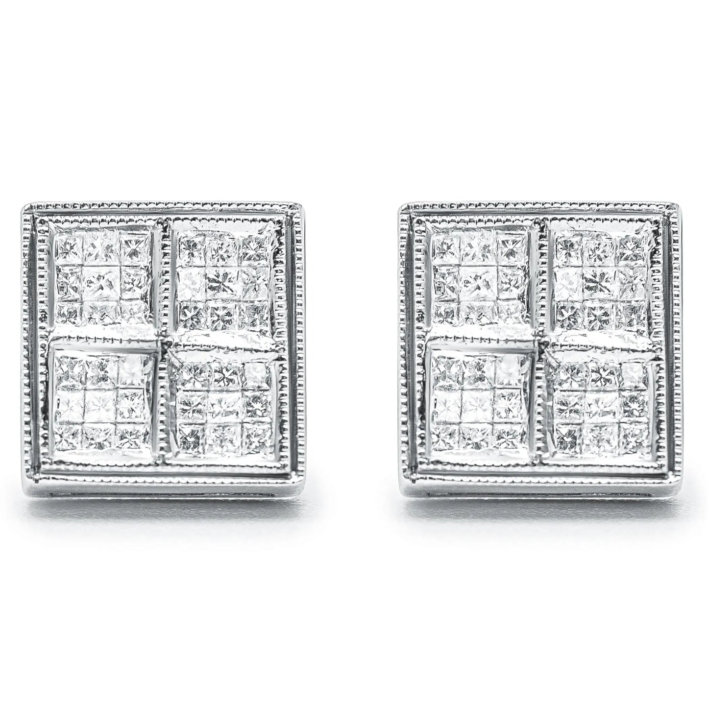 1/2 Carat Princess Diamond Composite Box Shape Milgrain Stud Earrings in 14K White Gold