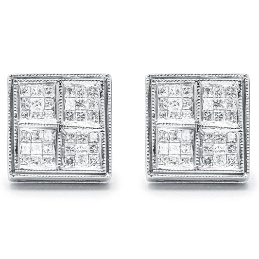 1/2 Carat Princess Diamond Composite Box Shape Milgrain Stud Earrings in 14K White Gold
