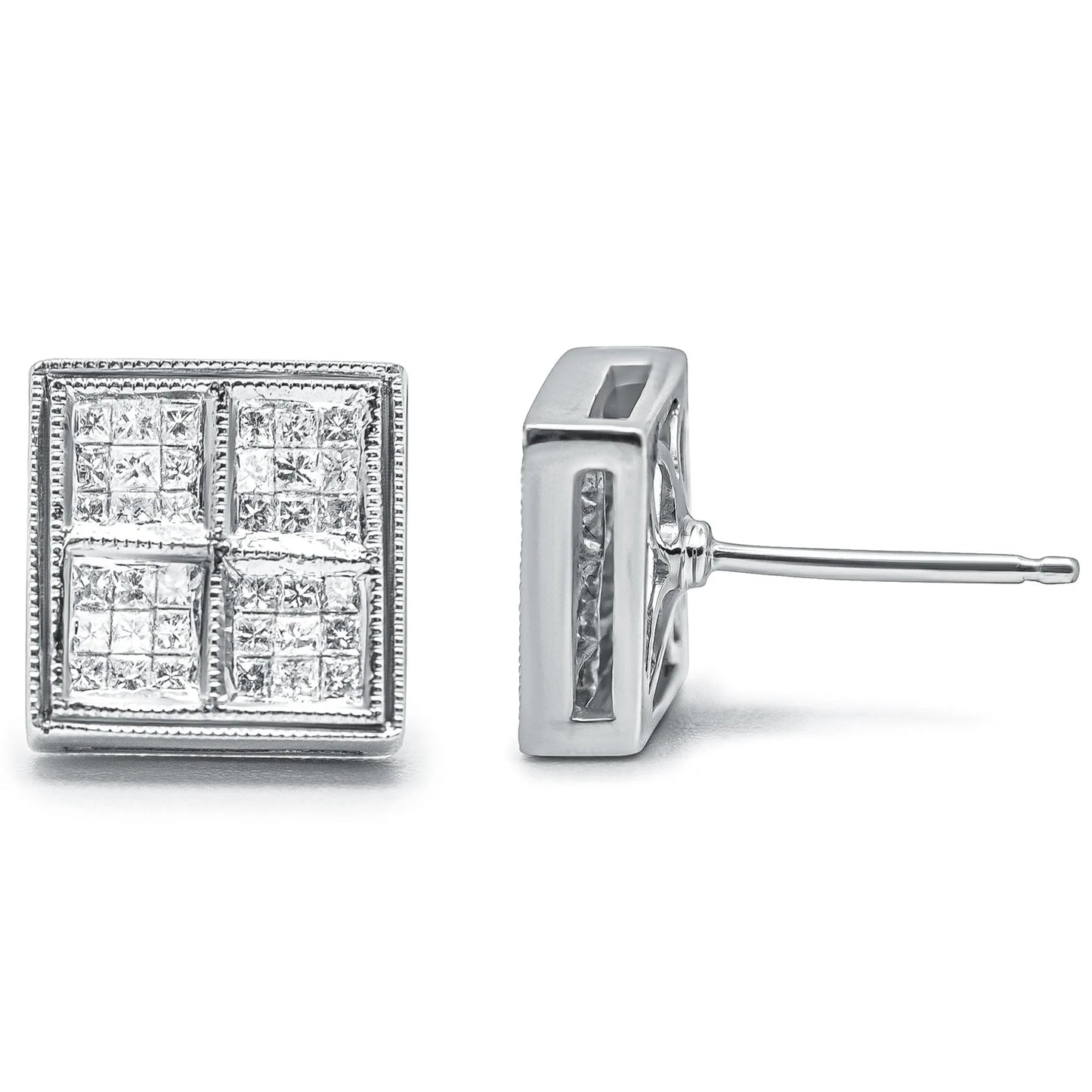 1/2 Carat Princess Diamond Composite Box Shape Milgrain Stud Earrings in 14K White Gold