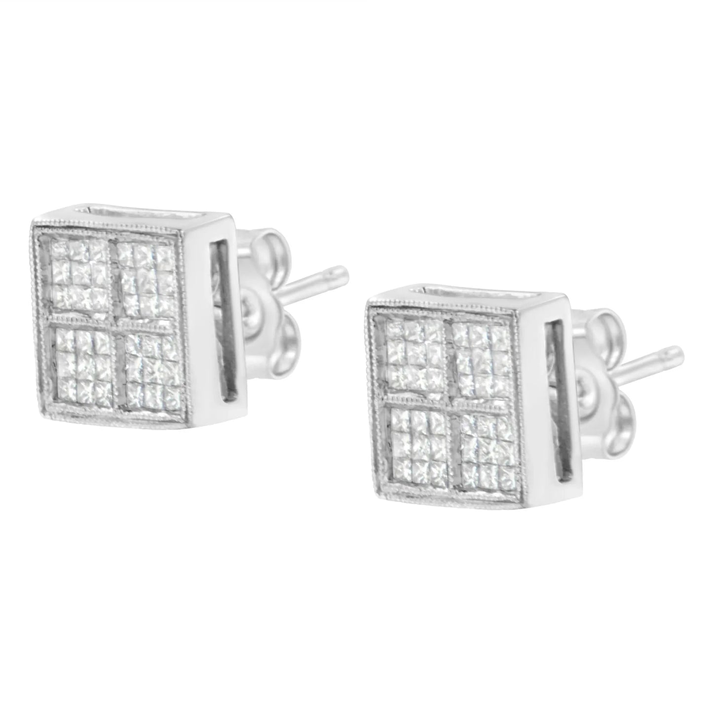 1/2 Carat Princess Diamond Composite Box Shape Milgrain Stud Earrings in 14K White Gold