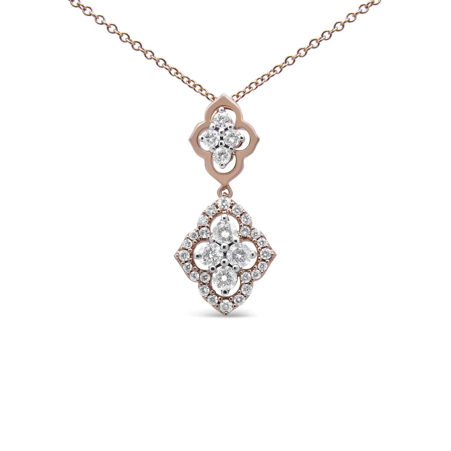 3/4 Carat Round Diamond Double Quatrefoil Pendant Necklace in 14K Rose Gold