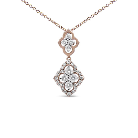 3/4 Carat Round Diamond Double Quatrefoil Pendant Necklace in 14K Rose Gold