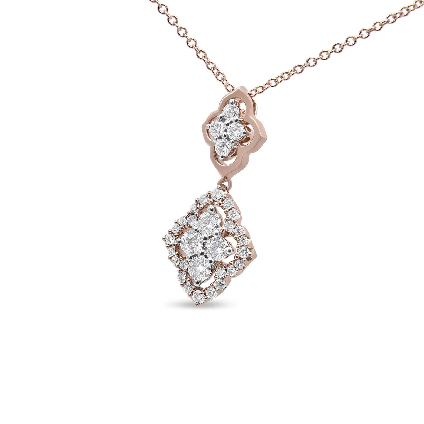 3/4 Carat Round Diamond Double Quatrefoil Pendant Necklace in 14K Rose Gold