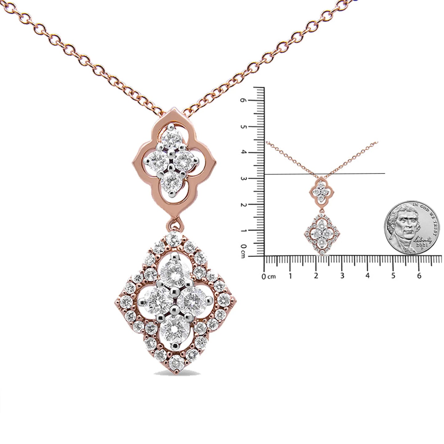 3/4 Carat Round Diamond Double Quatrefoil Pendant Necklace in 14K Rose Gold