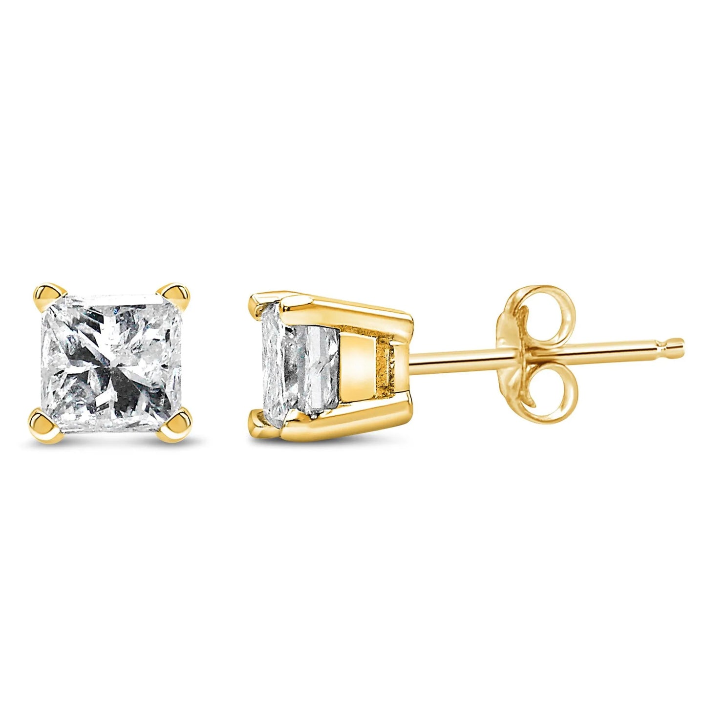3/8 or 1/2 Carat 4-Prong Set Princess-Cut Solitaire Diamond Push Back Stud Earrings in 14K Gold