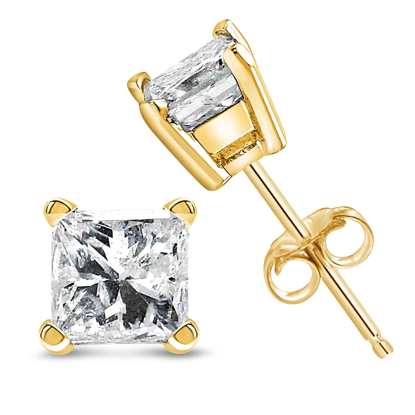 3/8 or 1/2 Carat 4-Prong Set Princess-Cut Solitaire Diamond Push Back Stud Earrings in 14K Gold