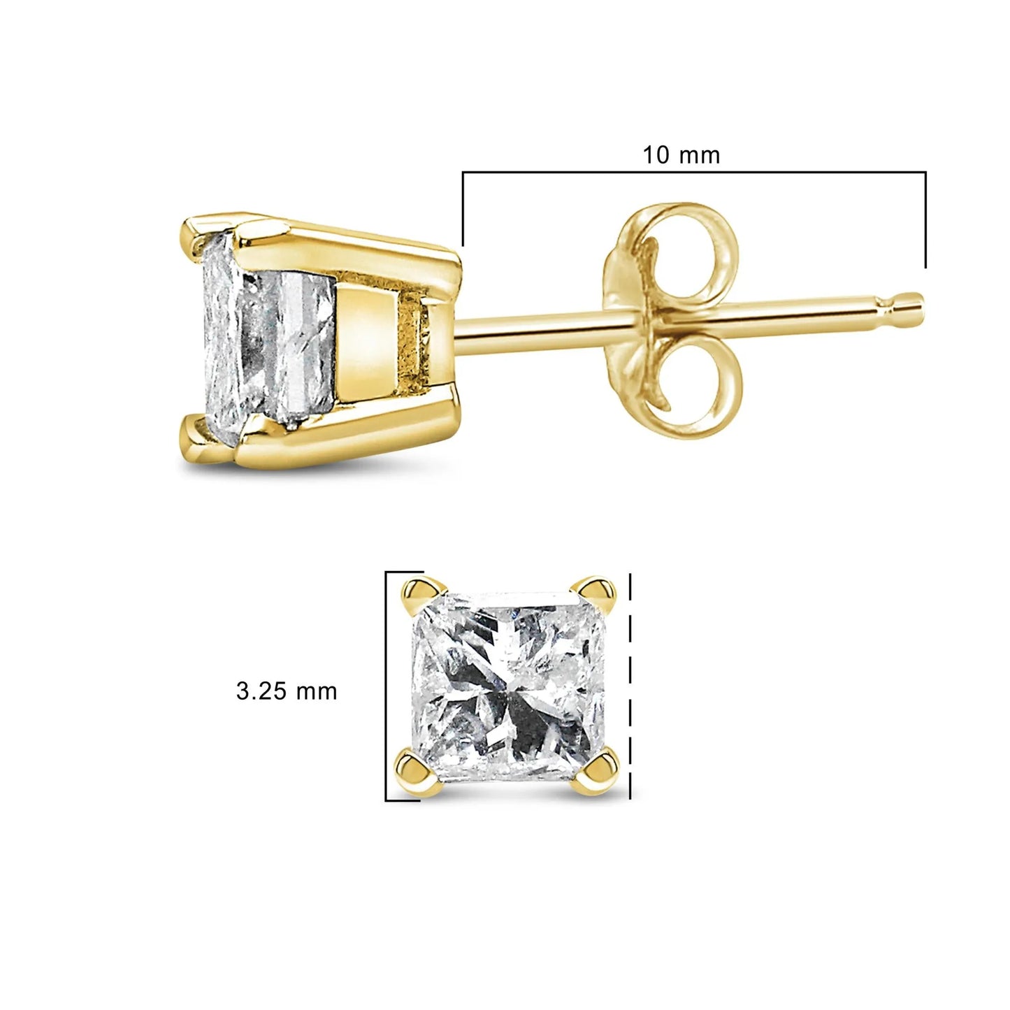 3/8 or 1/2 Carat 4-Prong Set Princess-Cut Solitaire Diamond Push Back Stud Earrings in 14K Gold