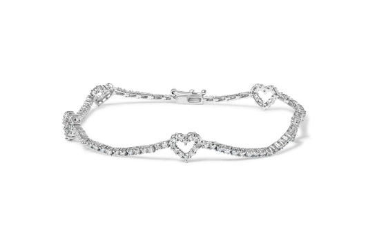 1 1/2 Carat Diamond Heart Station Strand Bracelet in 14K White Gold