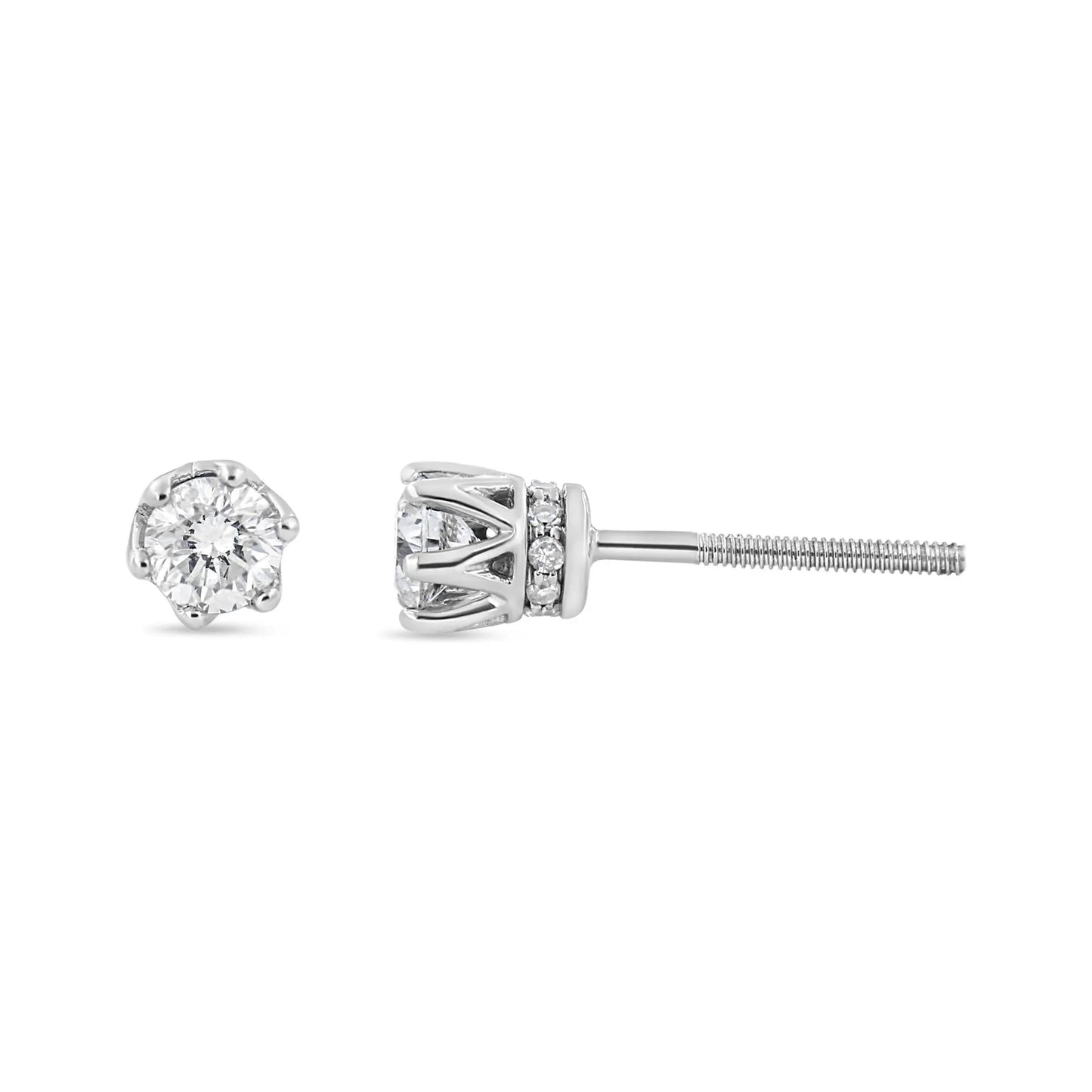 1/2 Carat Round Diamond 6 Prong Crown Stud Earrings in 14K White Gold