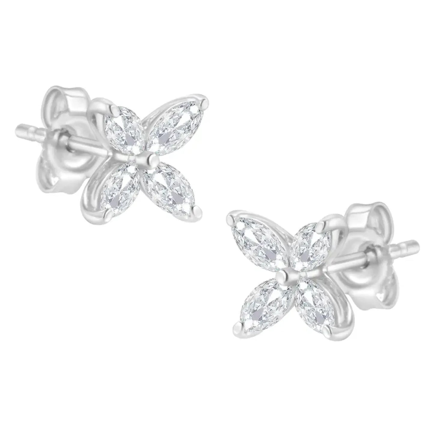 Marquise Diamond 8-Stone Floral Leaf Stud Earrings in 14K White or Yellow Gold