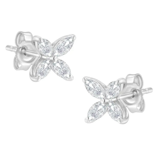 Marquise Diamond 8-Stone Floral Leaf Stud Earrings in 14K White or Yellow Gold