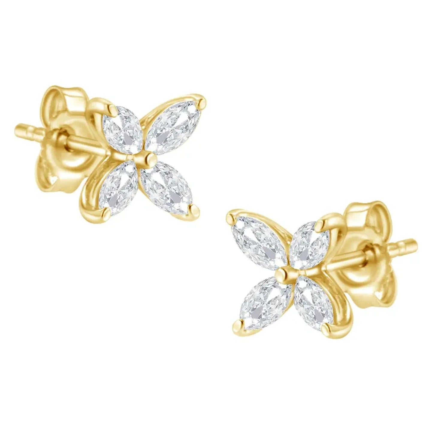 Marquise Diamond 8-Stone Floral Leaf Stud Earrings in 14K White or Yellow Gold