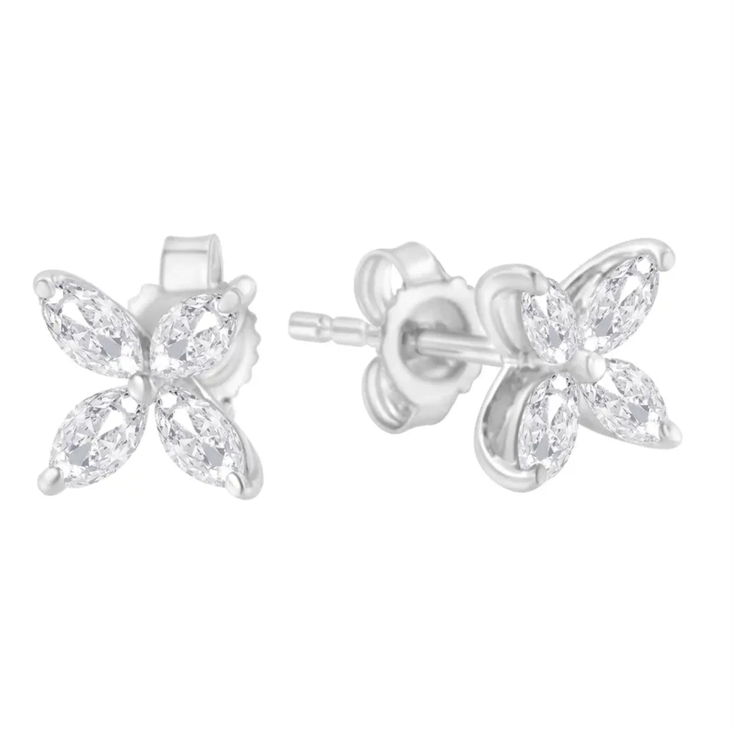 Marquise Diamond 8-Stone Floral Leaf Stud Earrings in 14K White or Yellow Gold