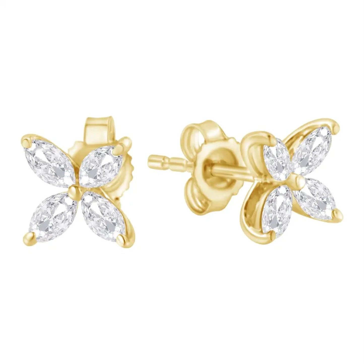 Marquise Diamond 8-Stone Floral Leaf Stud Earrings in 14K White or Yellow Gold